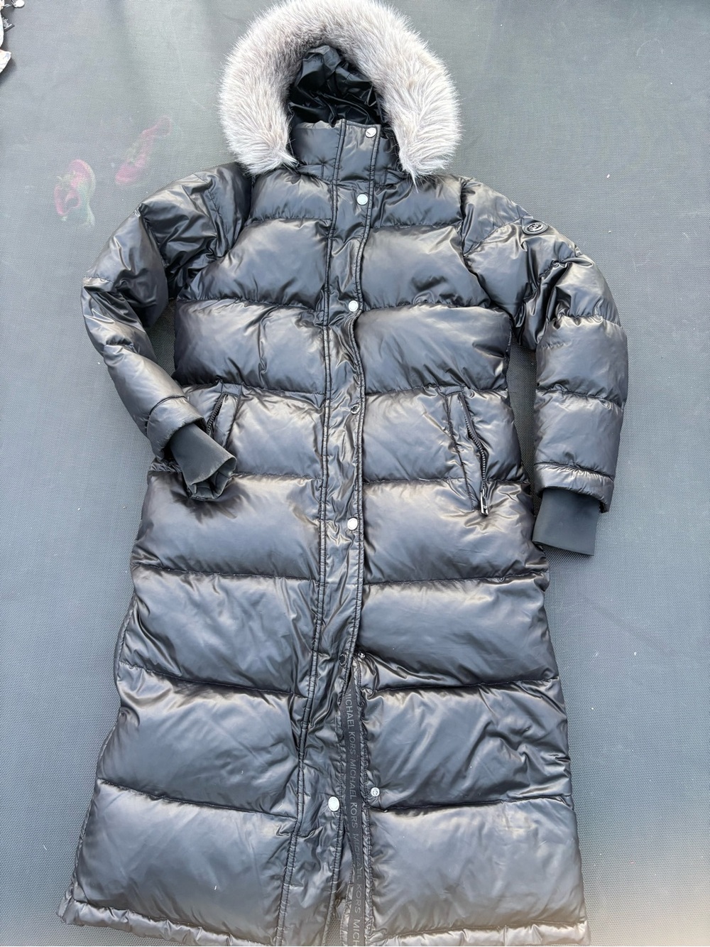 Michael Kors Black Long Quilted Puffer Coat with Faux Fur Hood